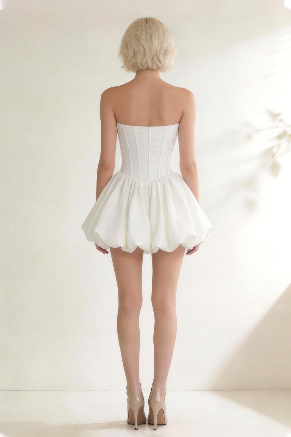 White fitted pleats strapless puff-sleeve mini dress