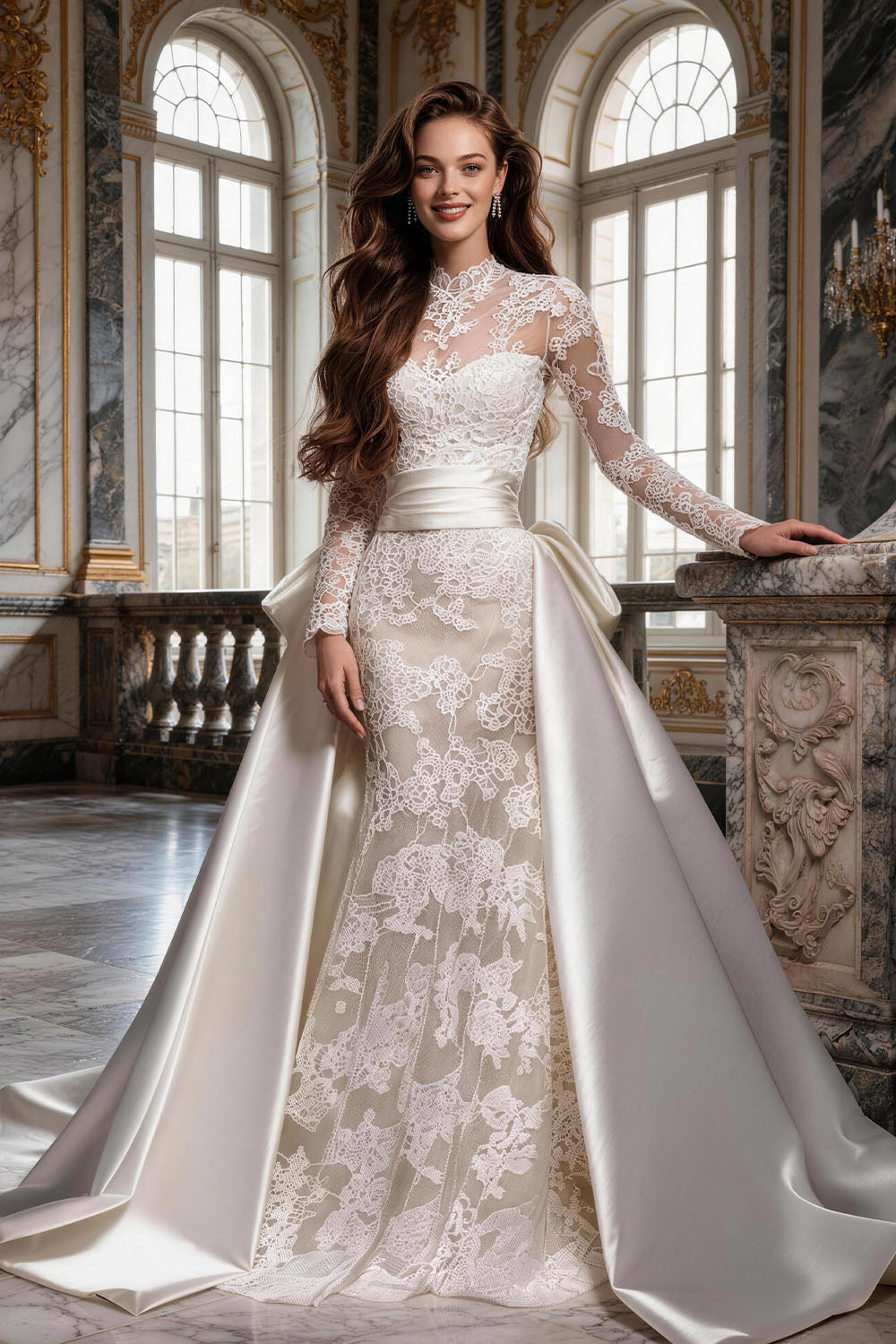 Fitted, ruched wedding gown featuring white tulle, satin, and a voluminous skirt.
