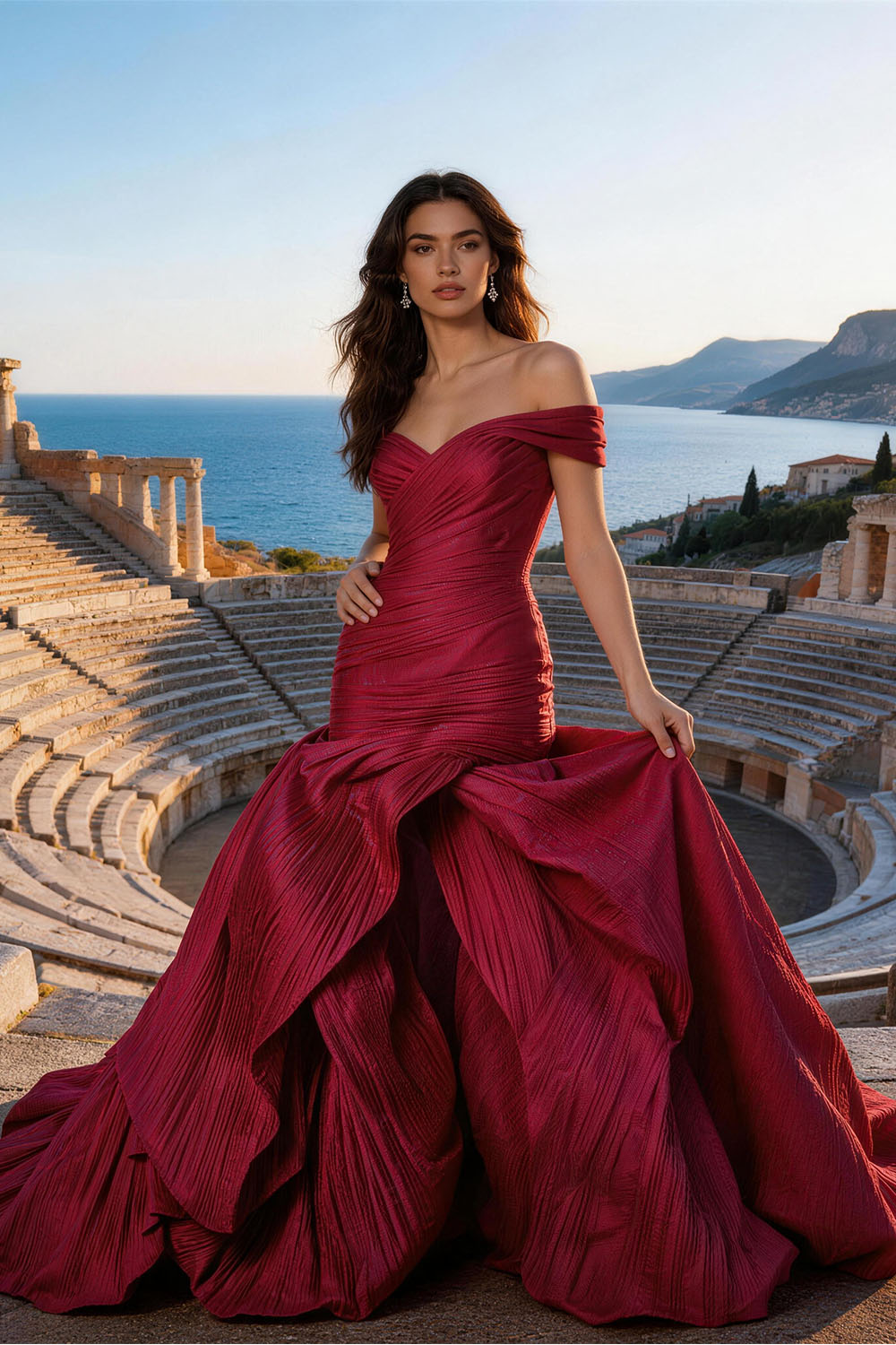 Red fitted floor-length floral Prom Dress