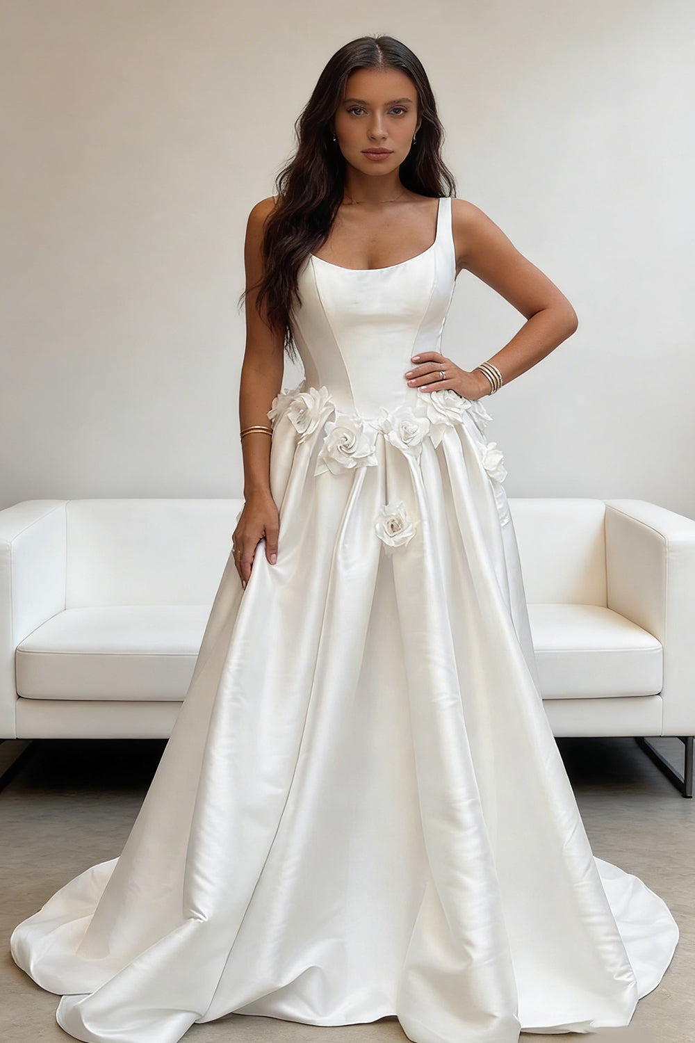 White satin fitted peanut-embellished puffy wedding dress - ANACOSPLAYONE