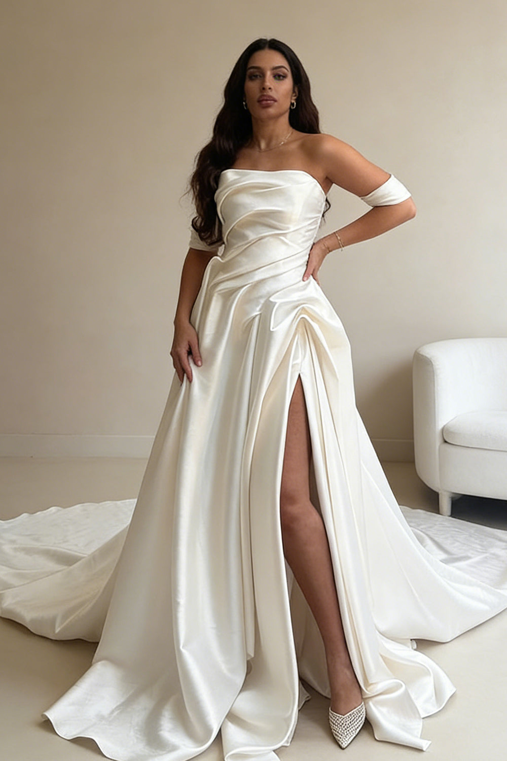 White satin pleated high-slit train wedding dress - ANACOSPLAYONE