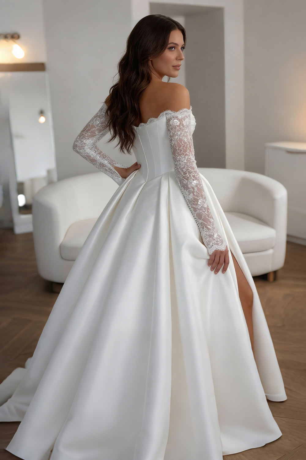 White satin fitted wedding dress with floral arm embellishments, high slit, and pleats. - ANACOSPLAYONE