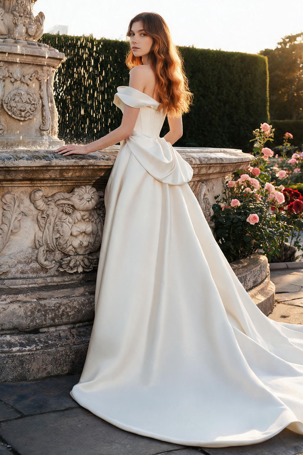 White fitted satin strapless ruffled fishtail Prom Dress