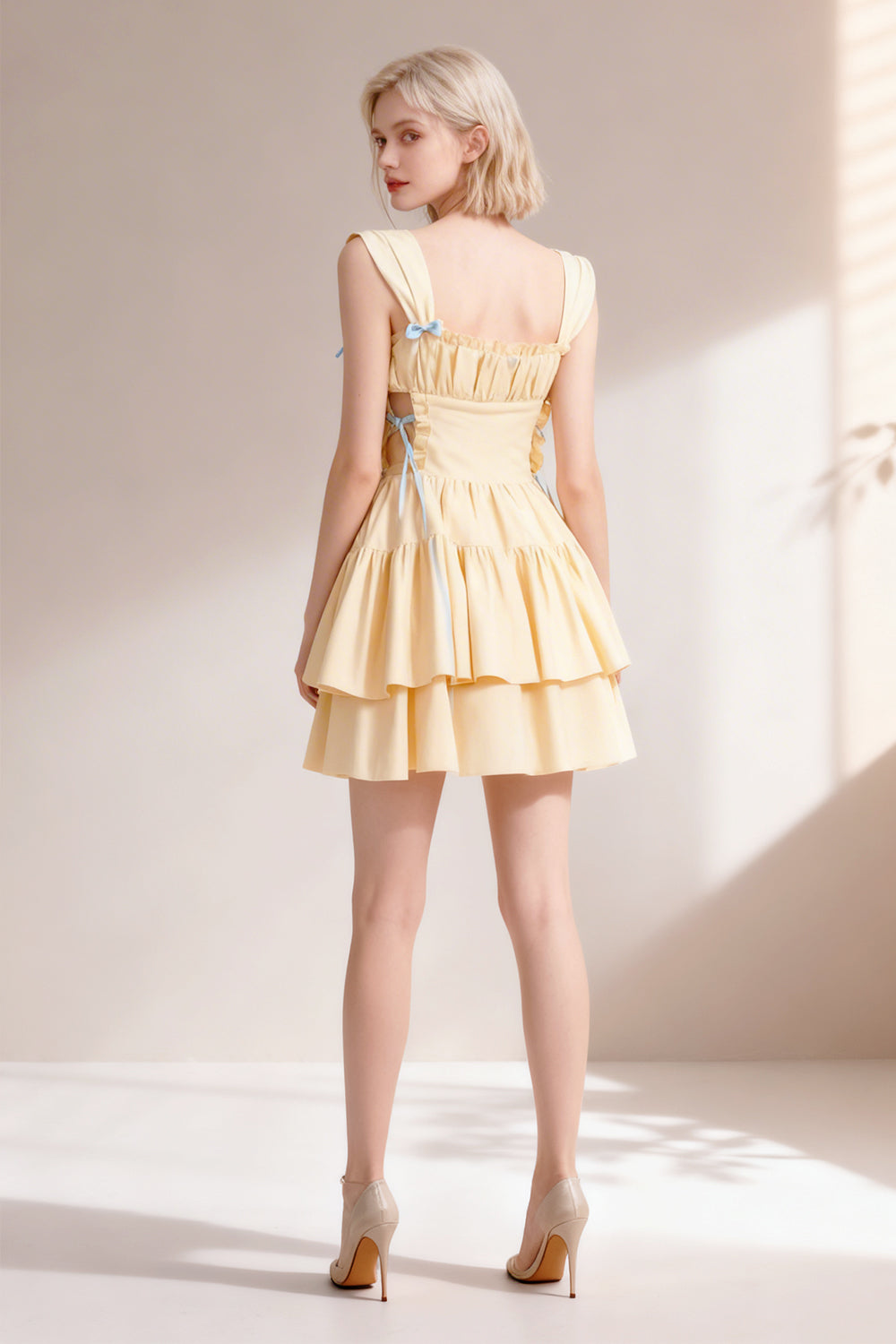 Yellow fitted pleated multi-layered dress with wide shoulder straps - ANACOSPLAYONE