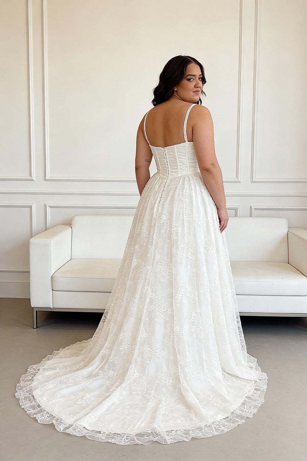 White plus-size slim-fitting pearl-embellished mesh dress for weddings - ANACOSPLAYONE