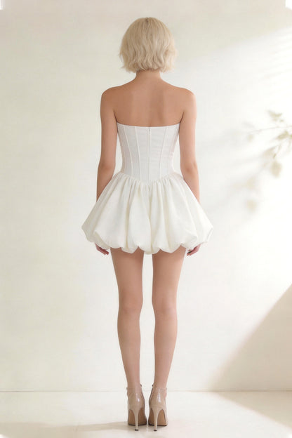 White fitted pleats strapless puff-sleeve mini dress