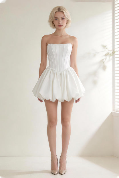 White fitted pleats strapless puff-sleeve mini dress