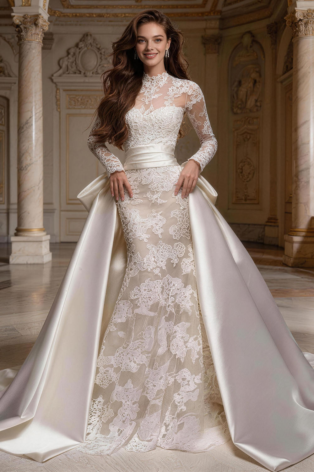 Fitted, ruched wedding gown featuring white tulle, satin, and a voluminous skirt.