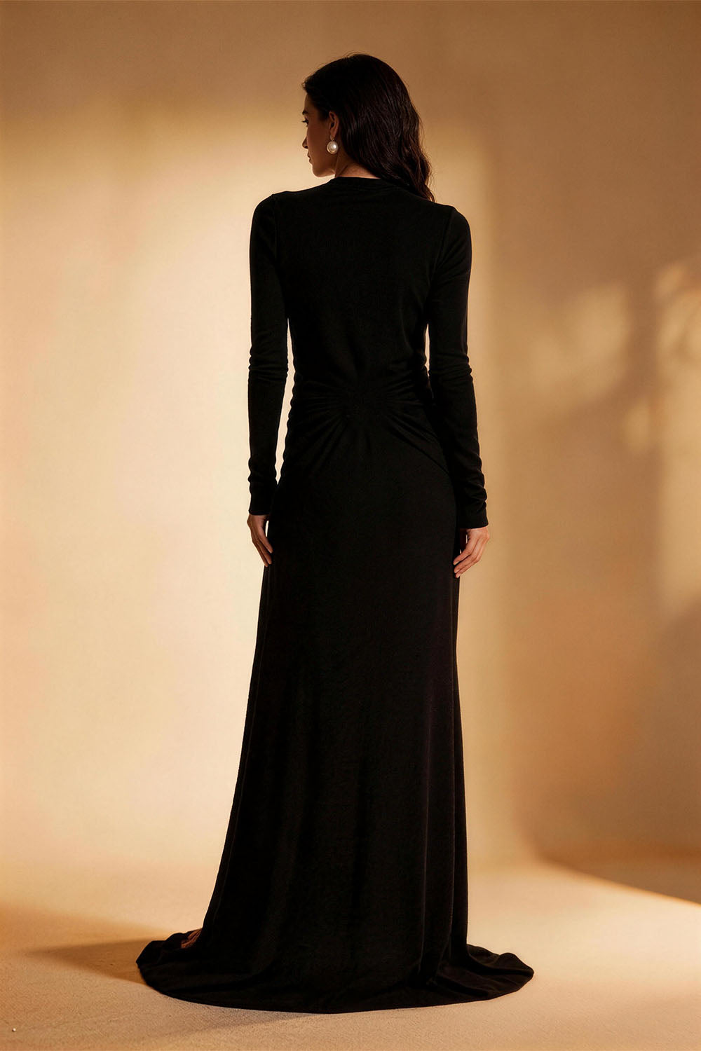 Black Deep-V Fitted Floor-Length Ball Gown with Draping Fabric