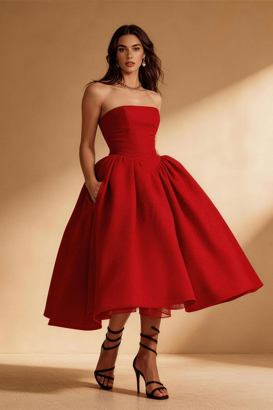 Red Velvet Slim Fit Strapless Wavy Prom Dress
