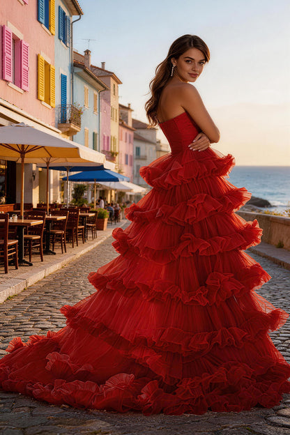 Red tulle strapless dress with wavy slits - ANACOSPLAYONE