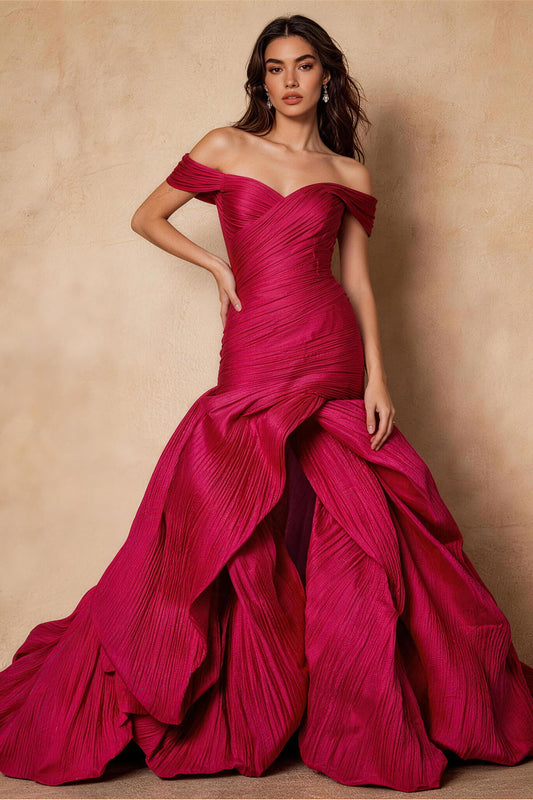 Red fitted floor-length floral Prom Dress