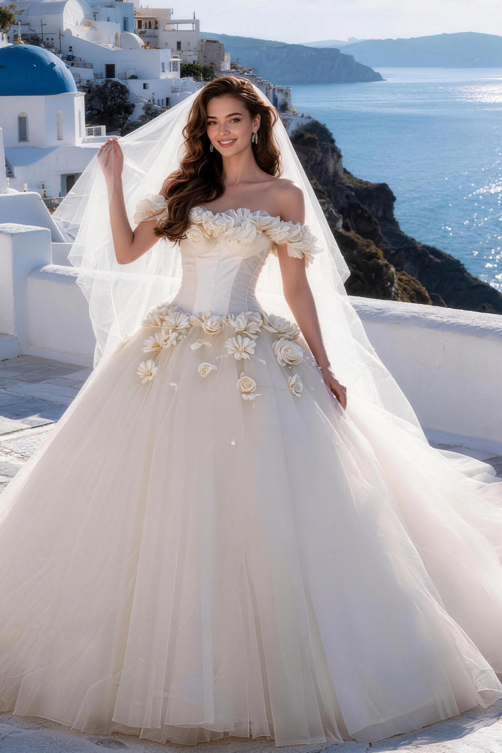 White fitted tulle wedding gown featuring ruching, floral details, and a voluminous skirt.