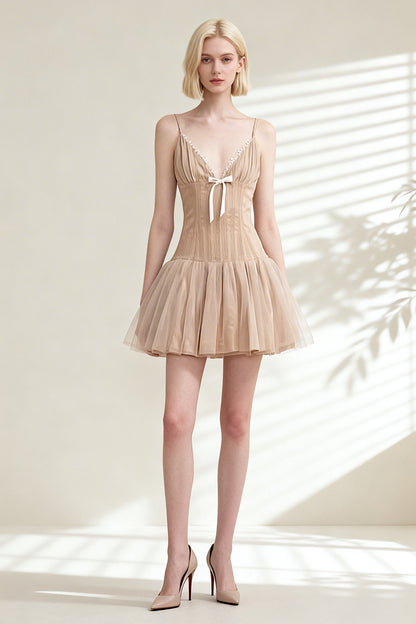 Brown fitted V-neck dress with bow embellishment - ANACOSPLAYONE