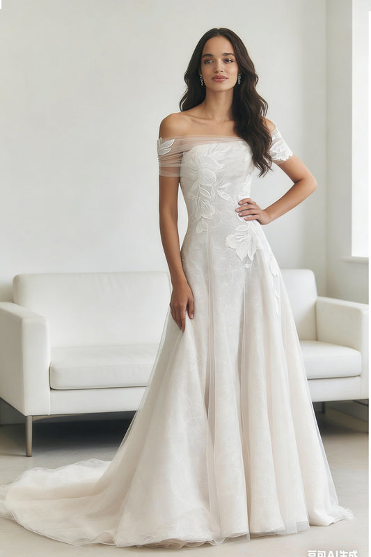 White ruched tulle wedding dress with floral embellishments - ANACOSPLAYONE