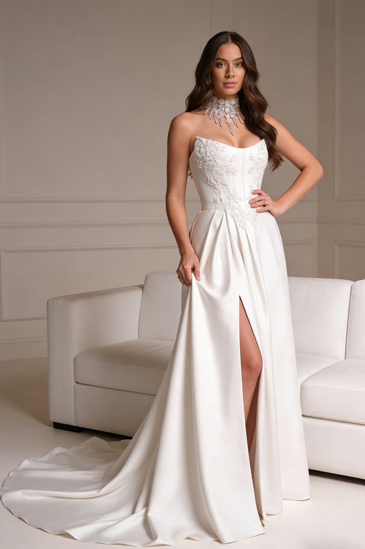 White ruched tulle wedding dress with floral embellishments - ANACOSPLAYONE