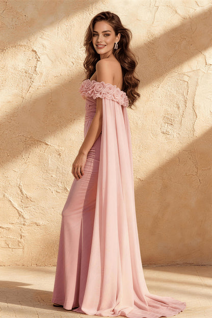 Pink off-shoulder floral cape, strapless, fitted mermaid dresses - ANACOSPLAYONE