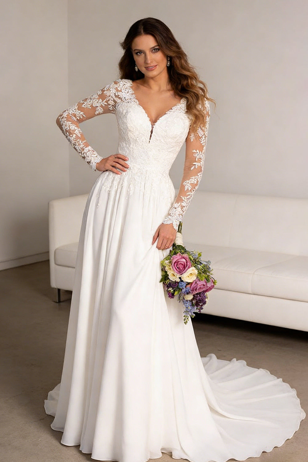 White ruched tulle wedding dress with floral embellishments - ANACOSPLAYONE