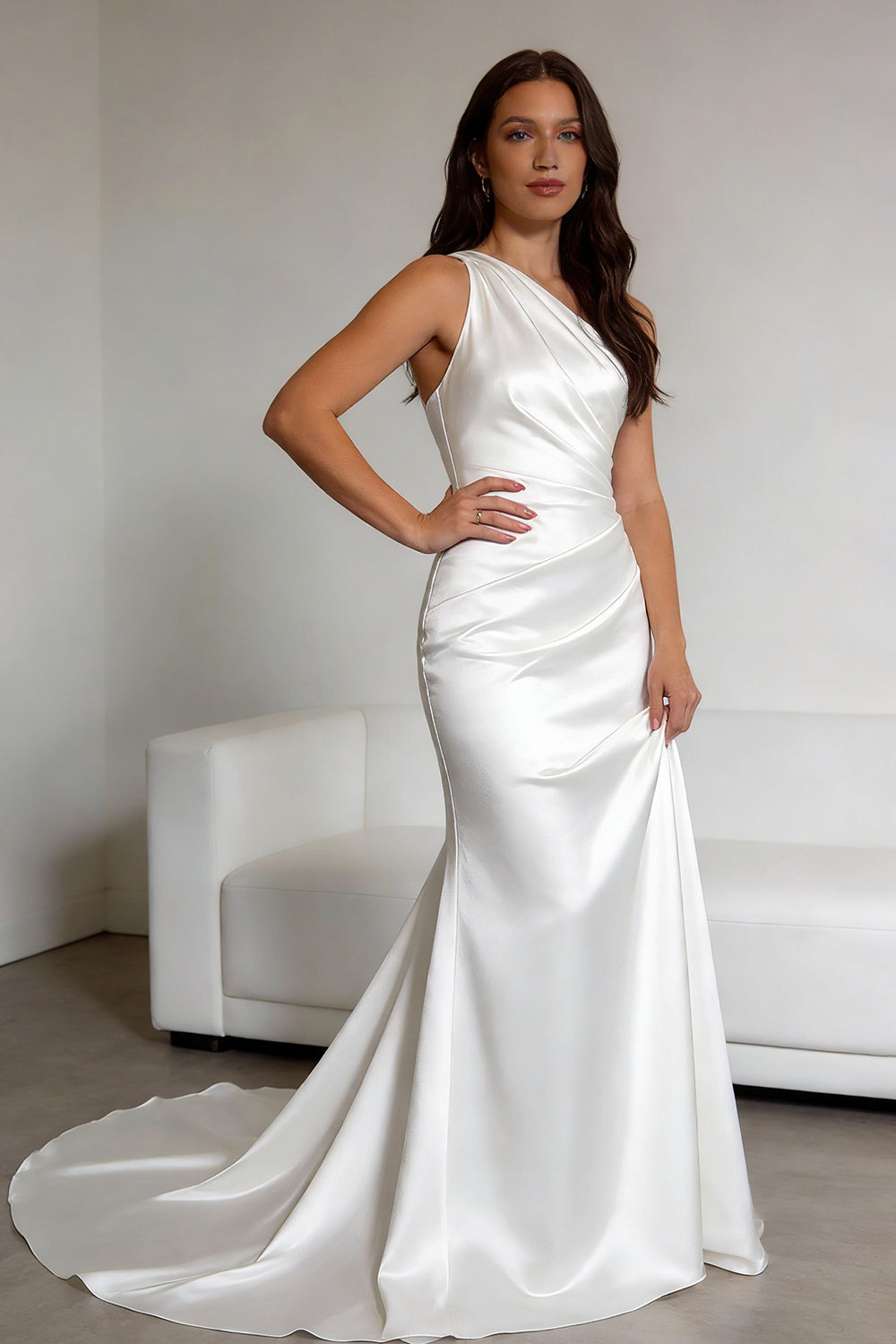 White satin one-shoulder fitted mermaid wedding dress - ANACOSPLAYONE