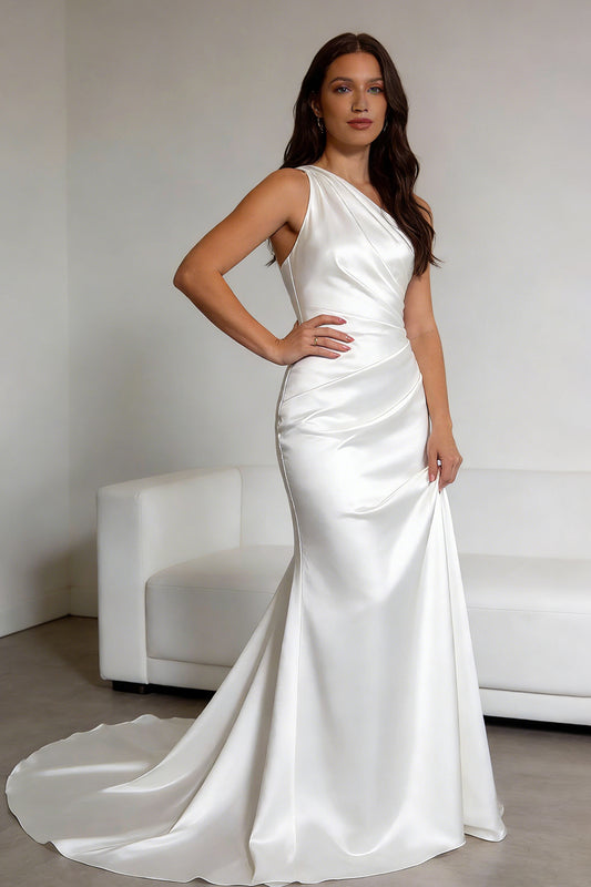 White satin one-shoulder fitted mermaid wedding dress - ANACOSPLAYONE