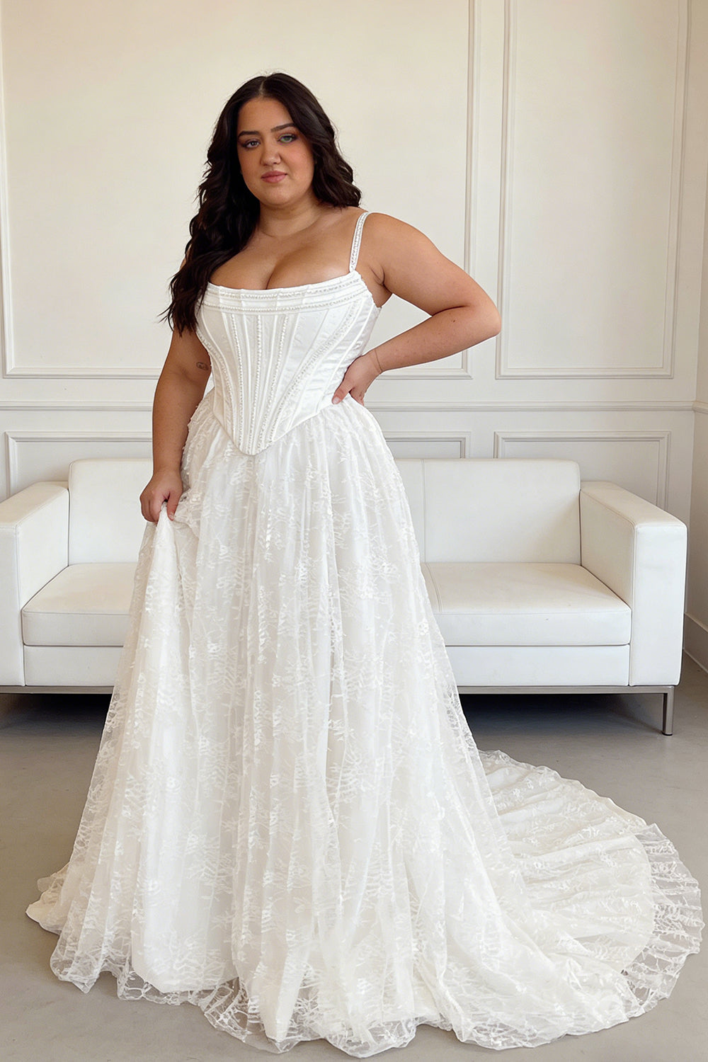 White plus-size slim-fitting pearl-embellished mesh dress for weddings - ANACOSPLAYONE