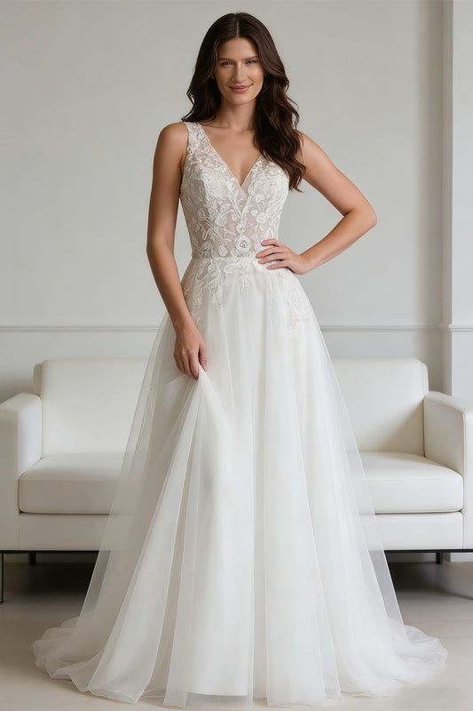 White tulle V-neck wedding dress with openwork floral pattern - ANACOSPLAYONE