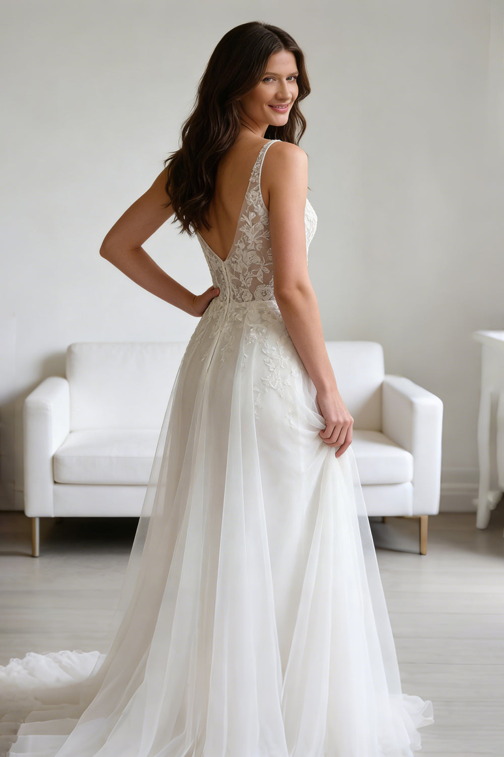 White tulle V-neck wedding dress with openwork floral pattern - ANACOSPLAYONE