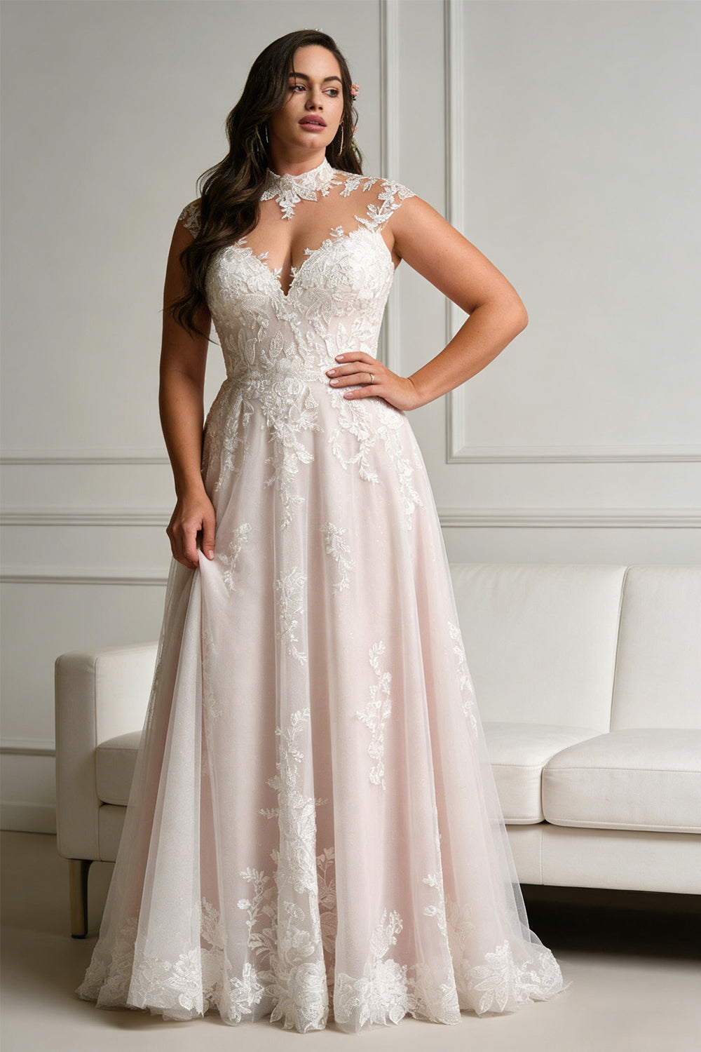 White openwork floral pattern V-neck pink inner dress wedding dress - ANACOSPLAYONE