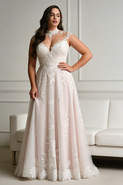 White openwork floral pattern V-neck pink inner dress wedding dress - ANACOSPLAYONE