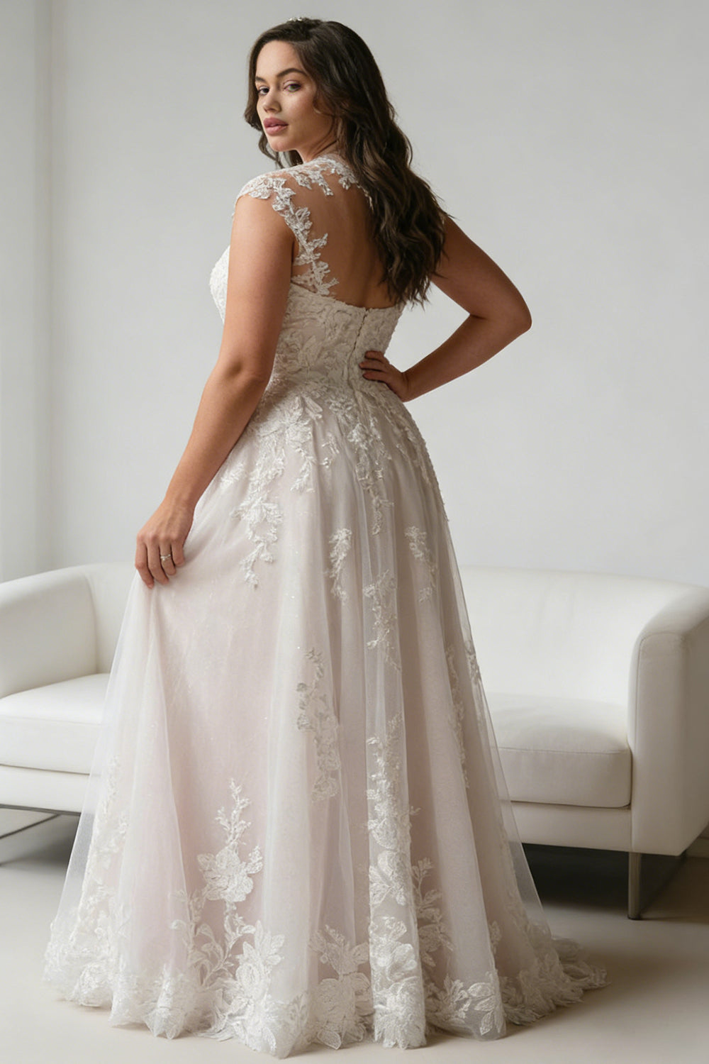 White openwork floral pattern V-neck pink inner dress wedding dress - ANACOSPLAYONE