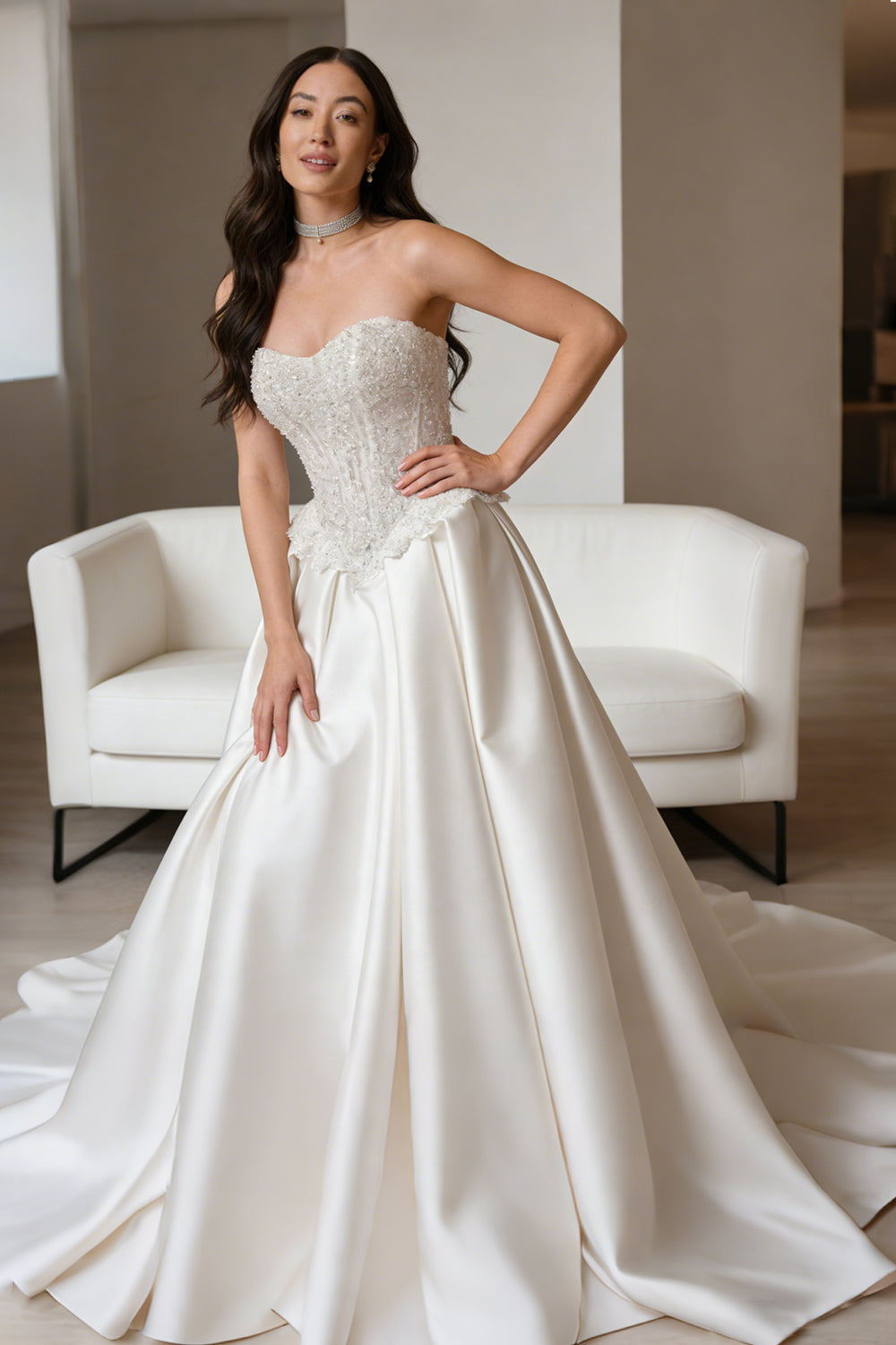 White satin fitted belted dress with pearl embellishments and a long train - wedding gown - ANACOSPLAYONE