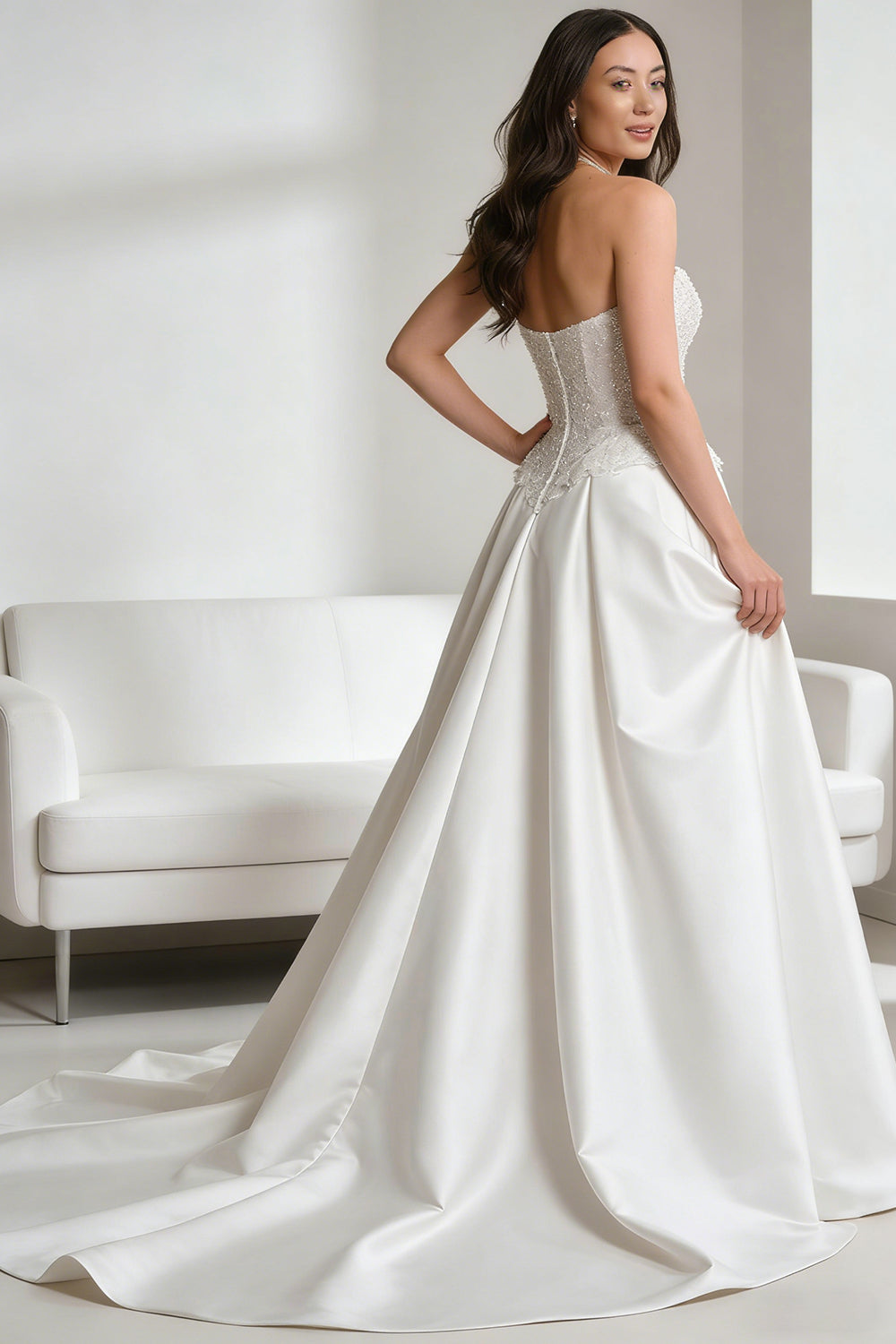 White satin fitted belted dress with pearl embellishments and a long train - wedding gown - ANACOSPLAYONE