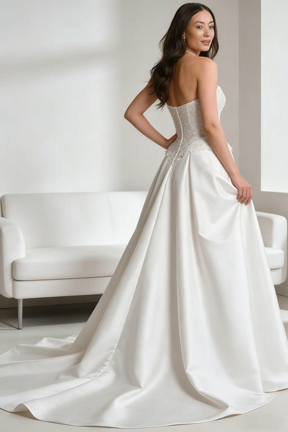 White satin fitted belted dress with pearl embellishments and a long train - wedding gown - ANACOSPLAYONE