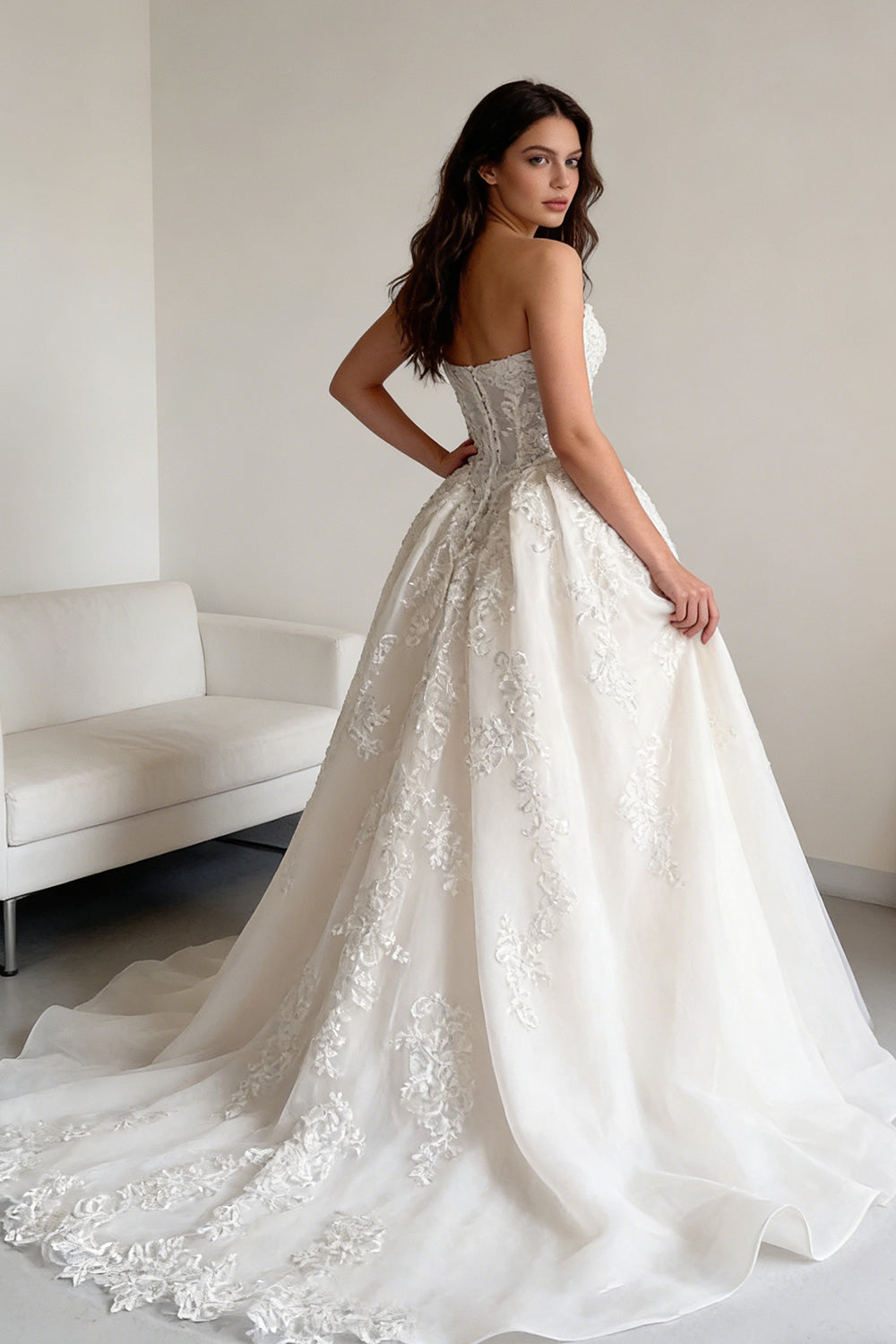White tulle openwork floral embellishments, fitted waist, floor-length wedding dress - ANACOSPLAYONE