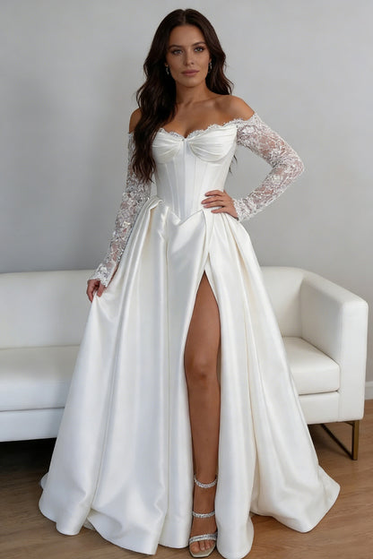 White satin fitted wedding dress with floral arm embellishments, high slit, and pleats. - ANACOSPLAYONE