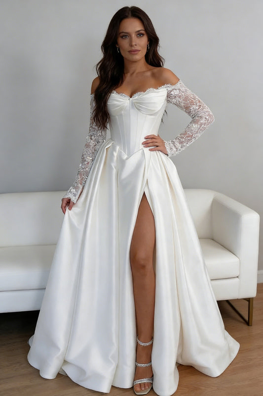 White satin fitted wedding dress with floral arm embellishments, high slit, and pleats. - ANACOSPLAYONE