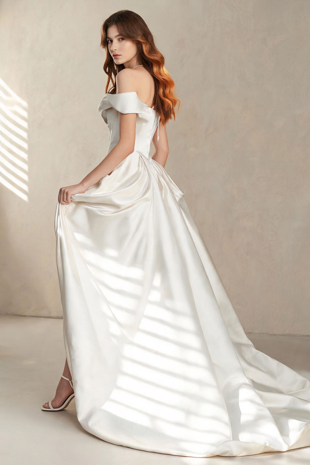 White fitted satin strapless ruffled fishtail Prom Dress