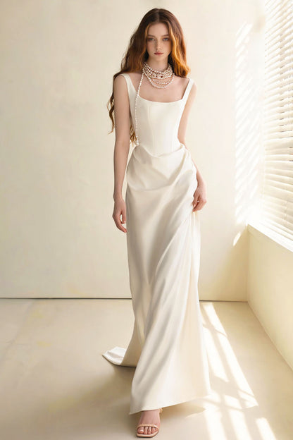 White satin fitted backless halter fishtail Prom Dress