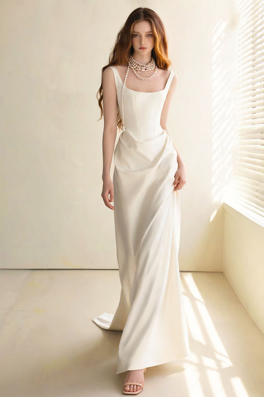 White satin fitted backless halter fishtail Prom Dress