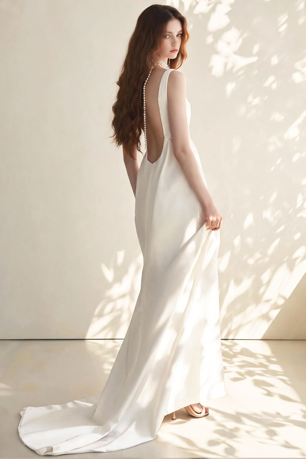 White satin fitted backless halter fishtail Prom Dress
