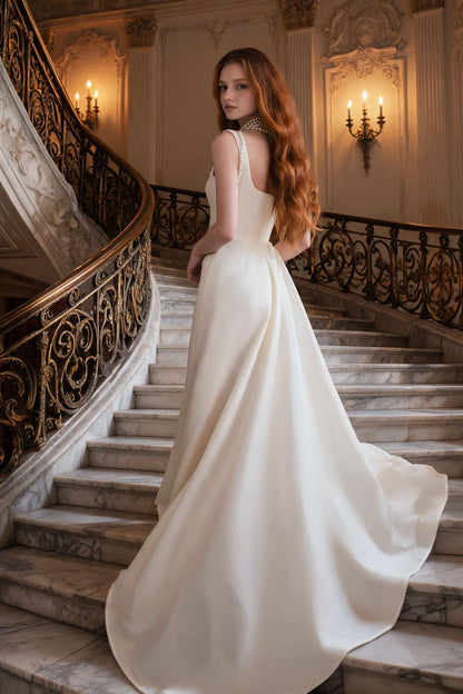 White satin fitted backless halter fishtail Prom Dress