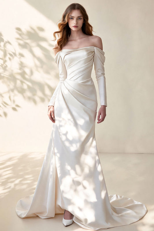 White Fitted Off-Shoulder Strapless Long-Sleeved Mermaid Prom Dress