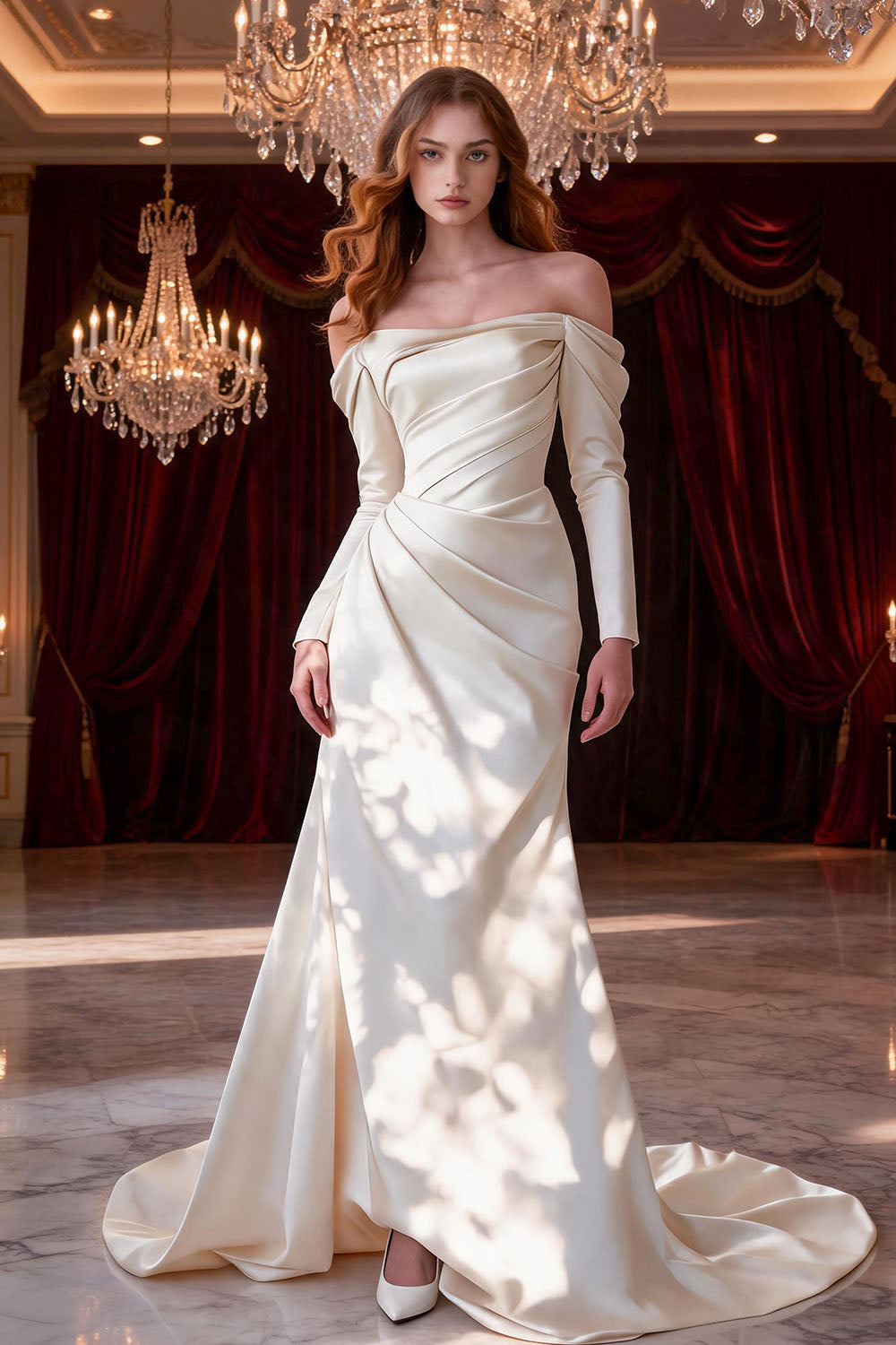 White Fitted Off-Shoulder Strapless Long-Sleeved Mermaid Prom Dress