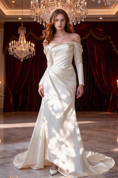 White Fitted Off-Shoulder Strapless Long-Sleeved Mermaid Prom Dress