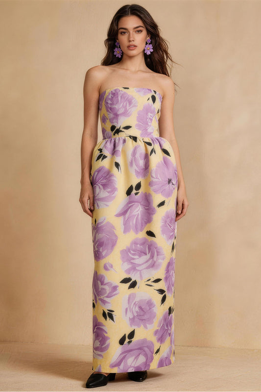 Purple Floral Fitted Strapless Prom Dress
