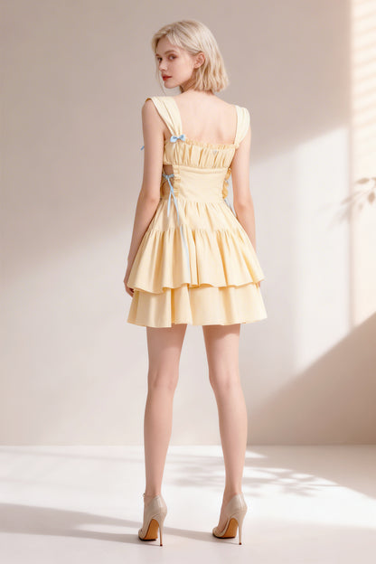 Yellow fitted pleated multi-layered dress with wide shoulder straps - ANACOSPLAYONE