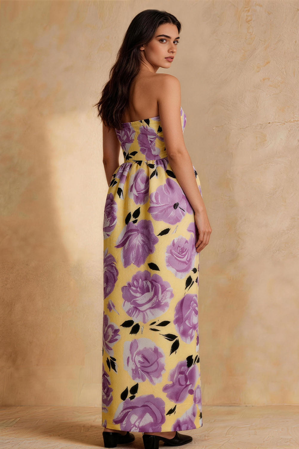 Purple Floral Fitted Strapless Prom Dress
