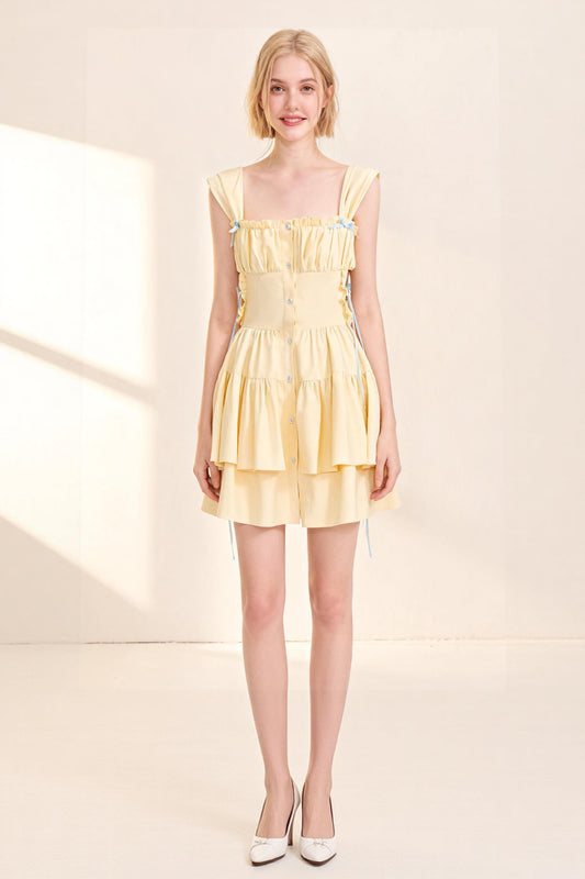 Yellow fitted pleated multi-layered dress with wide shoulder straps - ANACOSPLAYONE