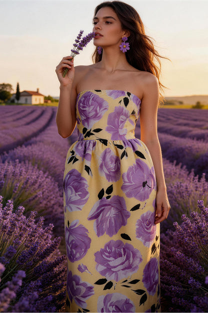 Purple Floral Fitted Strapless Prom Dress