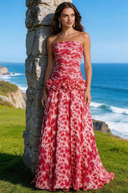 Red fitted floral-embellished floor-length Prom Dress - ANACOSPLAYONE